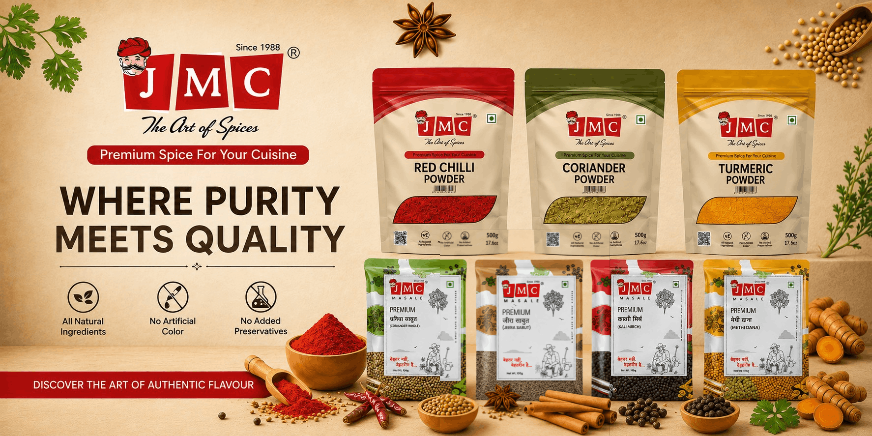 JMC Spices Complete Product Range – Rai Powder, Chana Masala, Garam Masala, Methi Powder and More